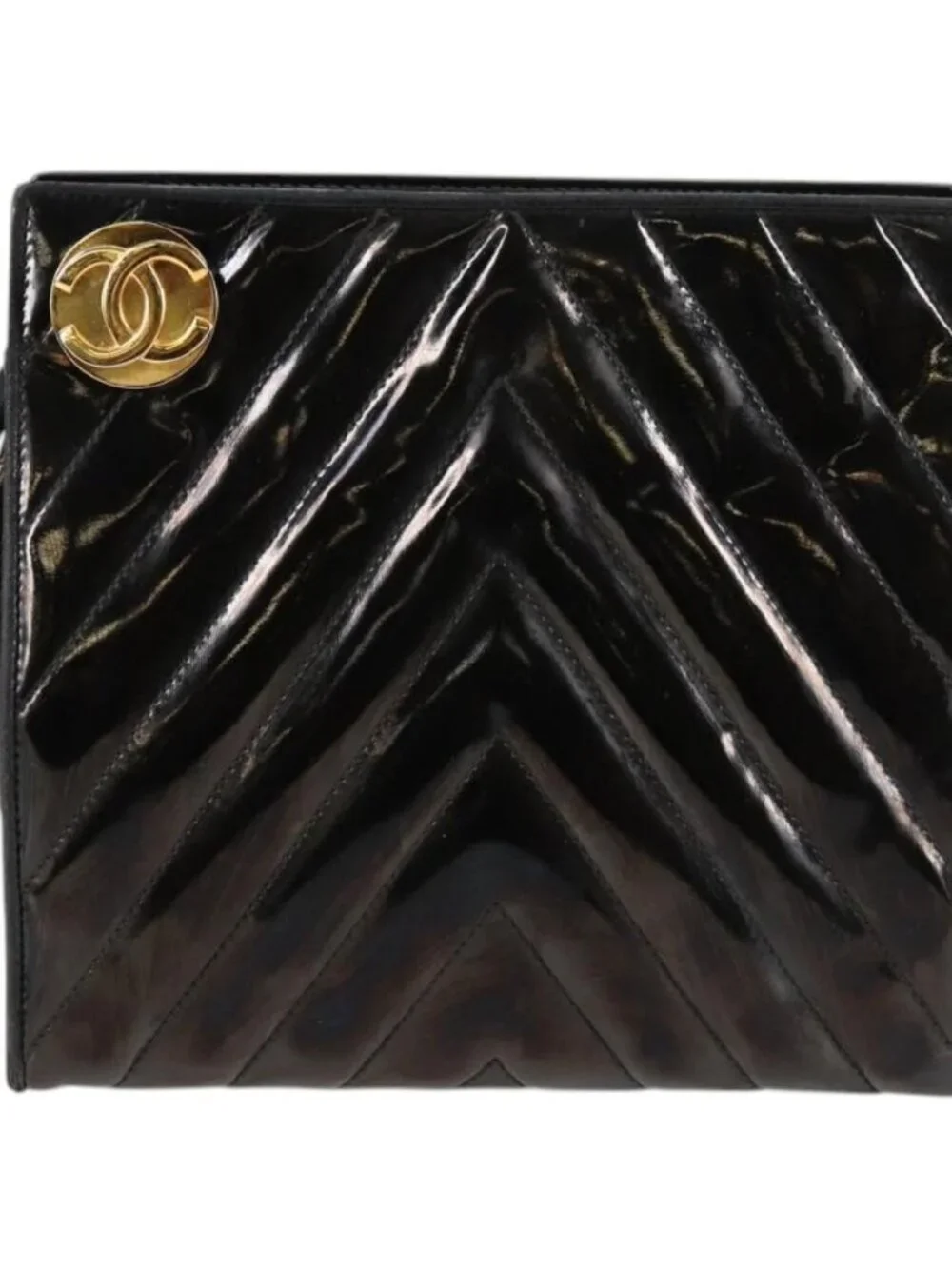 CHANEL V Stitch Shoulder Bag Enamel Black CC Auth bs25102